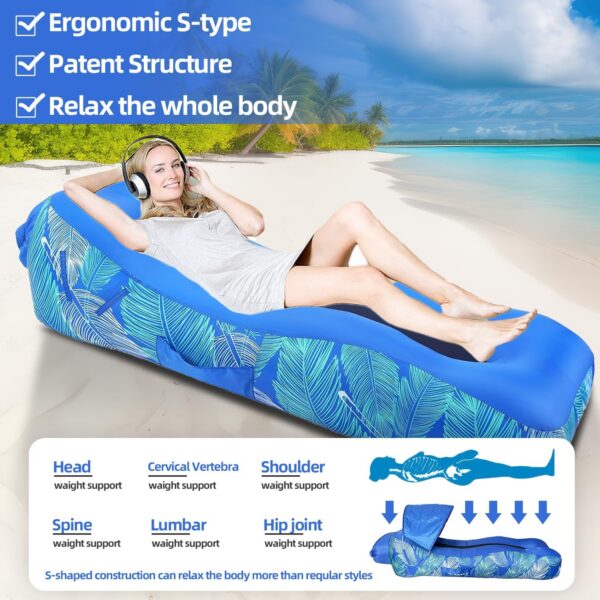 RZM Inflatable Lounger Air Sofa with Sunshade - Portable Waterproof Outdoor Couch for Camping, Beach, Hiking & Music Festivals - Quick Setup Lightweight Furniture w/Carry Bag (Clear Blue)