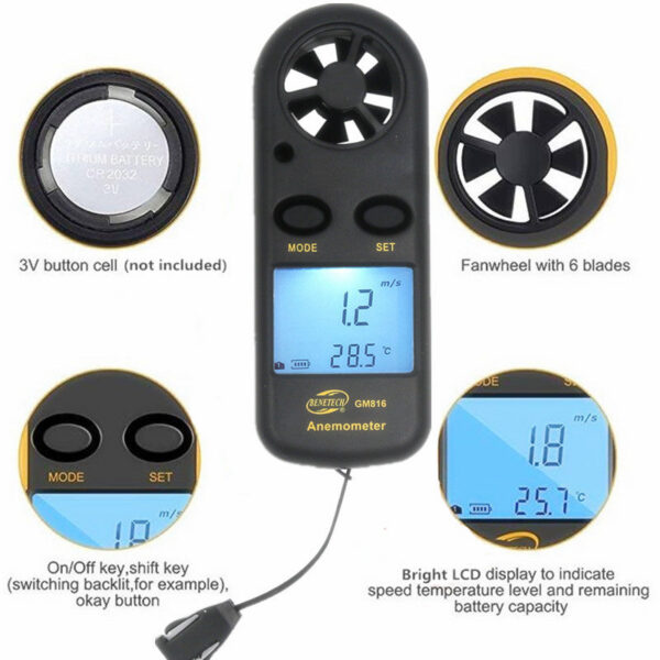 Digital Anemometer 0-30m/s Wind Speed Meter Mini Air Velocity Airw -10°C ~ 45°C Temperature Tester with LCD Backlight