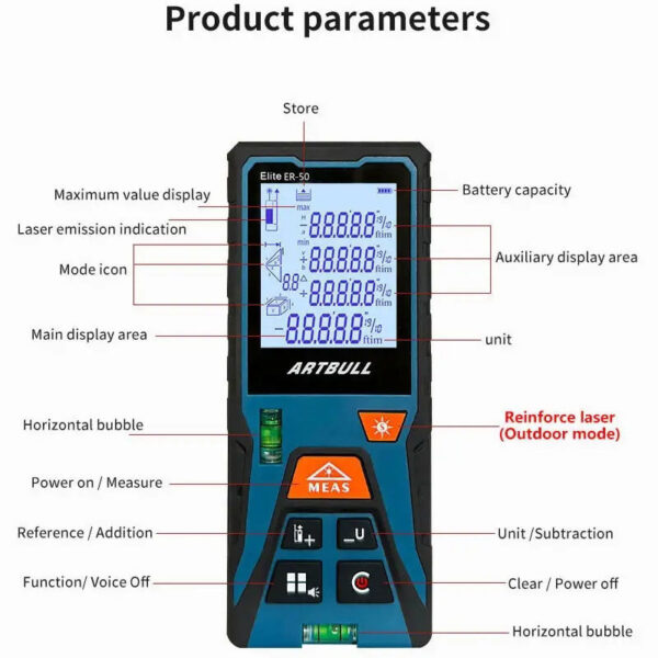 ARTBULL Digital Red Tape Measure 50M 120M Laser Distance Meter Rangefinder with Horizontal