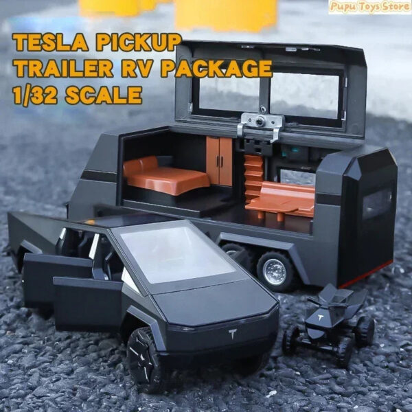f81553c829e64d34 1:32 Tesla Cybertruck Pickup Trailer Alloy Car Model Diecast Metal Toy Off-road Vehicle Truck Model Sound & Light Kids Gifts