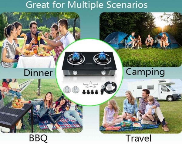 f8158a76c8e13575 Propane Stove 2 Burner Gas Stove Auto Ignition 26000 BTU Tempered Glass Propane Burner LPG with CSA Hose for Outdoor Cooking, Emergency