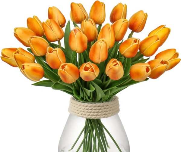 10 Pcs Orange Tulips Artificial Flowers Real Touch Fake Tulips Fake Flowers for Decoration 13.5" Faux Tulips Faux Flowers Bulk Artificial Tulips Flowers for Vase Centerpieces Home Wedding Bouquet