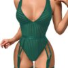 f93deffb3b654f18 Kaei&Shi Sexy Ribbed Top,Plunge V, Snap Crotch, Leg Strap, Backless 3Pc Bodysuit
