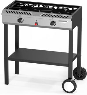 f948489464937584 Bonnlo 2 Burner Propane Gas Stove with Auto Ignition, 150,000 BTU Portable Outdoor Camp Cooker Stove with Convenient Shelf & Smooth Rolling Wheels for Backyard, Camping, Tailgating, Patio Parties