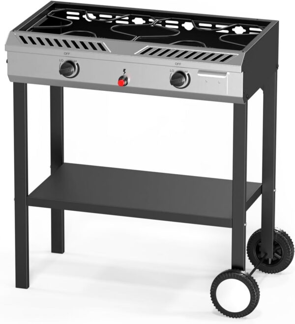 Bonnlo 2 Burner Propane Gas Stove with Auto Ignition, 150,000 BTU Portable Outdoor Camp Cooker Stove with Convenient Shelf & Smooth Rolling Wheels for Backyard, Camping, Tailgating, Patio Parties