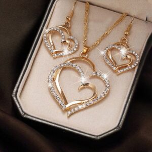 f9b4174bb82a93fc 3 Pcs Shaped Of Earrings Pendant Necklace For Women Exquisite Fashion Rhinestone Double Heart Jewelry Set