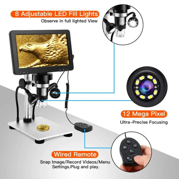 7 Inch 1080P LCD Digital Microscope 50X-1200X Soldering Electronics Microscopes With LED Lights Support PC Computer