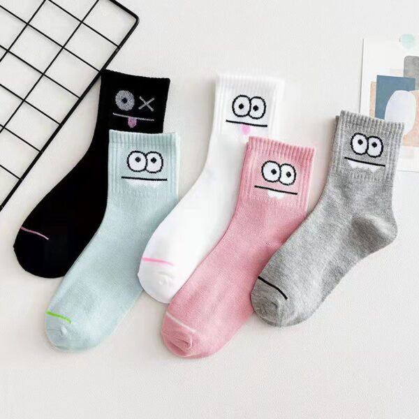 5 Pairs Cute Expression Print Comfy Funny All-match Mid Tube Socks, Women's Stockings & Hosiery
