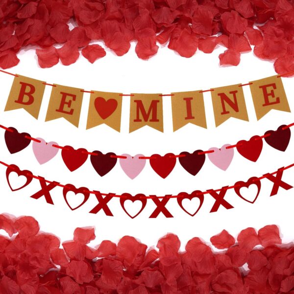 Red Rose Petals Decorations Set, 1000 Pieces Artificial Rose Petals with 3Pcs Romantic Banner, Rose Petals for Romantic Night for Her Set, Special Night Party Decor for Home, Wedding, Anniversary