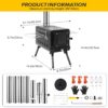 Black Wood Burning Tent Stove, 7 Section Stainless Steel Chimney, Portable Hot Tent Stove for Camping, Hunting, Ice Fishing