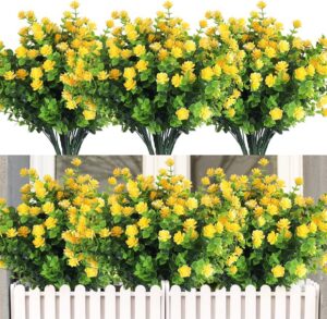 fb8dd5efa24c3685 RECUTMS 12 Bundles Outdoor Artificial Flowers UV Resistant Fake Boxwood Plants, Faux Greenery for Indoor Outside Hanging Plants Garden Porch Window Box Home Wedding Farmhouse Décor(Yellow)