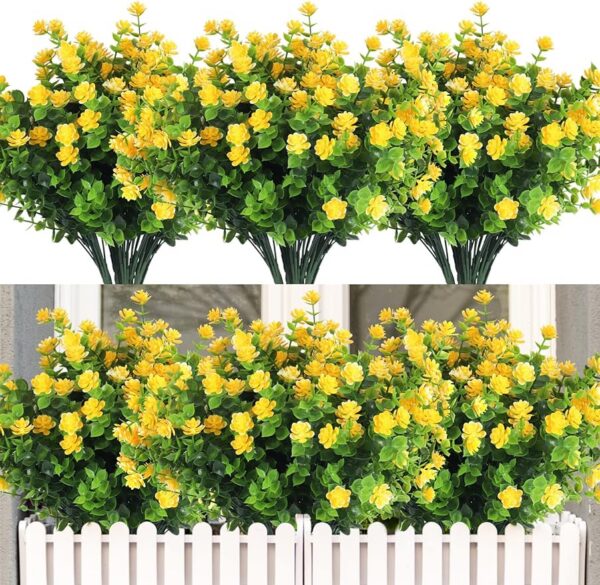 fb8dd5efa24c3685 RECUTMS 12 Bundles Outdoor Artificial Flowers UV Resistant Fake Boxwood Plants, Faux Greenery for Indoor Outside Hanging Plants Garden Porch Window Box Home Wedding Farmhouse Décor(Yellow)