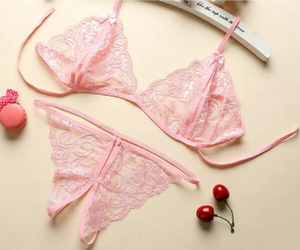 fbd35d2532e3b5cb Sexy Lace-up Lingerie Set Women Hot Exotic Open Crotch Transparent Underwear G-string Bandage Bikini Three-point Set