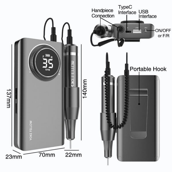 YOKEFELLOW Professional Drill hine Kit 35000RPM Rechargeable Portable Electric Nail File for Manicure Acrylic Gel Nails