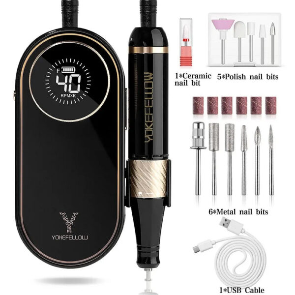 YOKEFELLOW 40000RPM Rechargeable Nail Drill Machine With HD Display Upgrade Electric Nail File With Cutter Nail Art Salon Tools