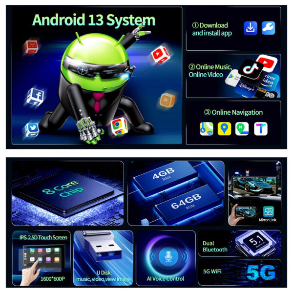 Imagebon Android 13 Dash Cam Wireless CarPlay & Android Auto Car DVR Netflix Google Play GPS Bluetooth Rearview Mirror Camera