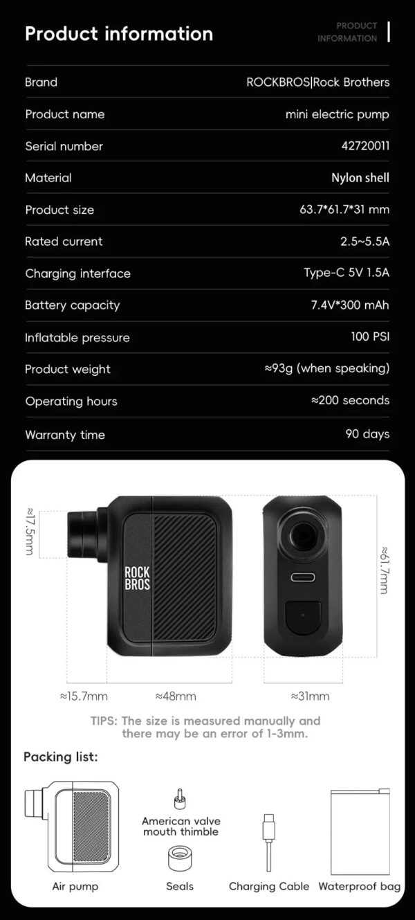 fd2492f4555c3303 ROCKBROS Electric Mini Bike Pump 100PSI Type-C Rechargeable Air Inflator Bicycle Pump MTB Road AV FV Valve Cycling Electric Pump