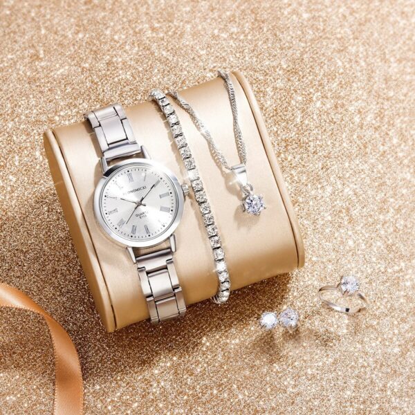 fd371e24c8e52244 6 PCS New Love Rhinestone Jewelry Ladies Ring Necklace Earrings Bracelet Set Simple Digital Steel Strap Quartz Watch