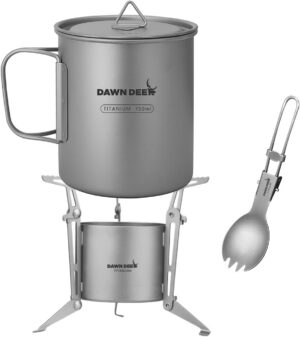 fdc8aec66bd5e63a Dawn Deer Titan-Backpacking-Herdsystem, Tasse/tragbarer Alkoholkocher/faltbarer Göffel -750 ml Camping-Kombi (Titan-Kombi-Set)