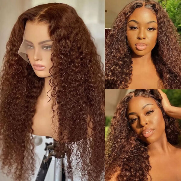 13x4 Chocolate Brown Deep Wave Frontal HD Lace Front Wigs Pre Plucked Colored Curly Human Hair Wig