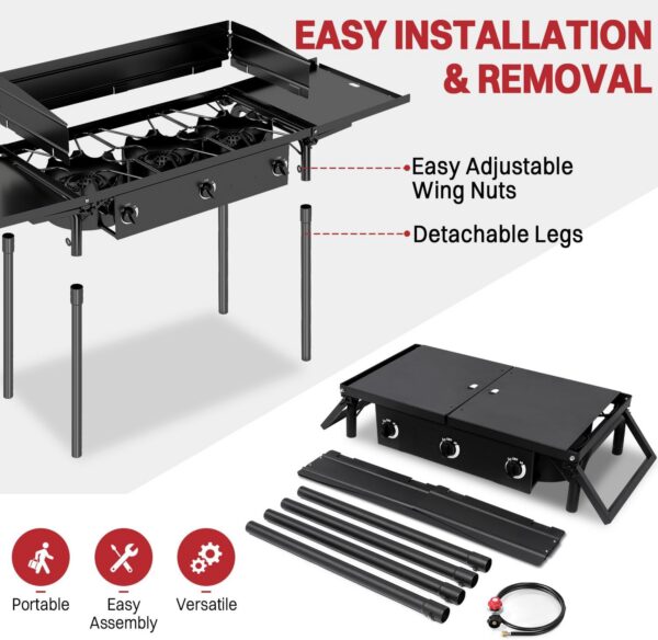 feb16d39356f18bc 3 Burner Propane Camp Stove | 225,000 BTU Gas Burners | Side Shelves | Windscreen | Waterproof Cover | Detachable Legs | Ideal for Camping Backyard Outdoor Cooking