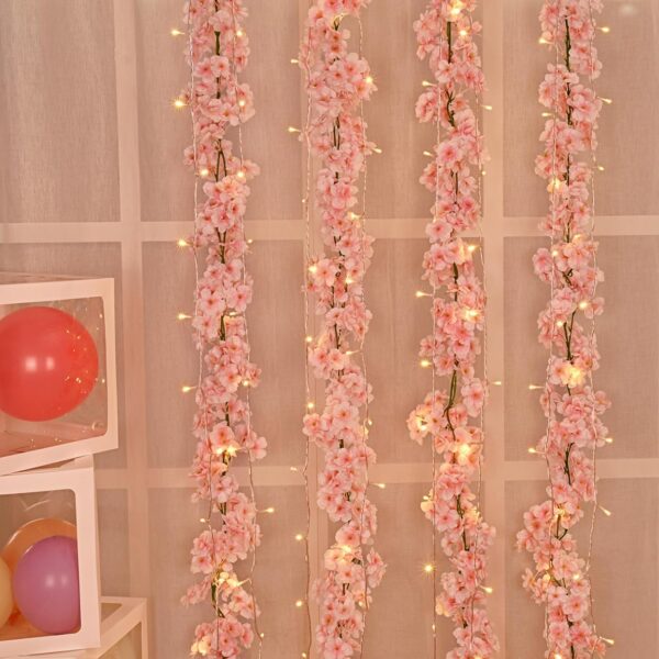 Sunm Boutique 8-Pack 47.2 Ft Artificial Cherry Blossom Garland Cherry Blossom Hanging Vine with 65.6 Ft Long 160 LED String Lights Silk Sakura Vines Garland for Wedding Party Home Decor, Pink