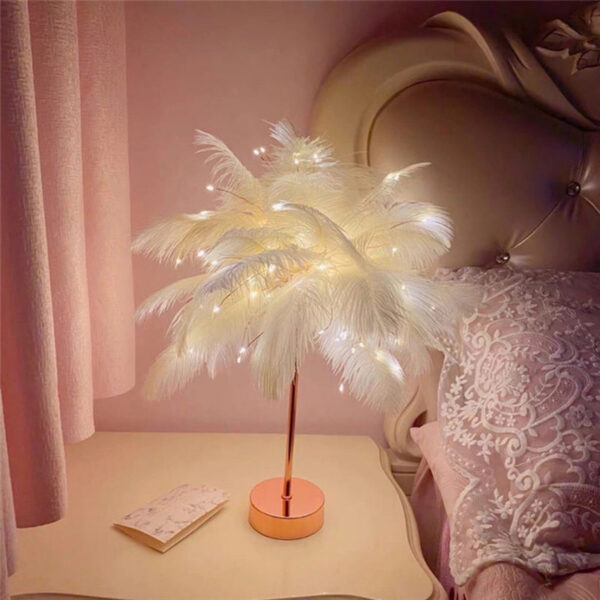 Table Lamp LED Night DIY Creative Warm Light Tree Feather Lampshade Wedding Home Bedroom Decor with Remote Control