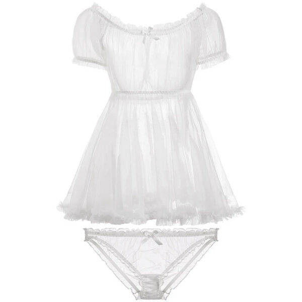 Kawaii Lace Nightdress Lingerie Pajamas Set for Women Off-Shoulder Tulle Temptation See Through Dress Erotic Cosplay Costumes