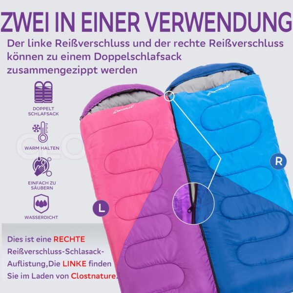 Clostnature Leichter Schlafsack für Camping – Outdoor Lässiger Deckenschlafsäcke mit Kleines Packmaß für Erwachsene, Damen, Herren, Wandern, Sport, Bergsteigen(Links Reißverschluss)