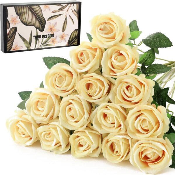 15Pcs Artificial Roses Velet Real Touch Single Stem Fake Roses Silk Realistic Bouquet Flowers Arrangements Home Office Garden Grave Party Wedding Decoration(Light Pink-15p, Blossom Roses)